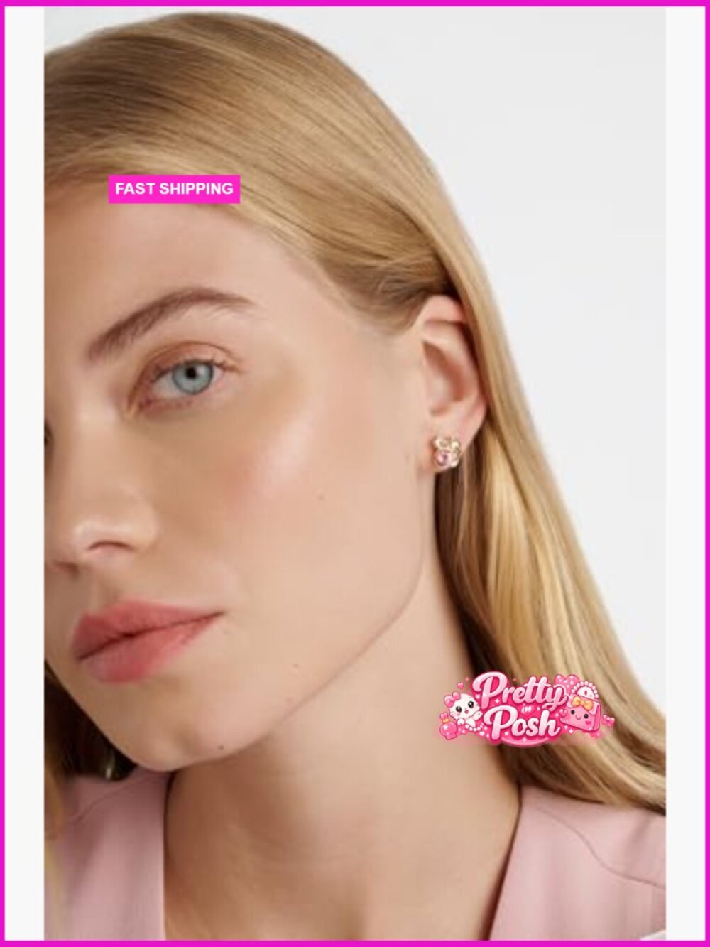Cluster Stud Earrings - Gold Tone Plated Brass with Pink Crystals - Picture 2 of 3